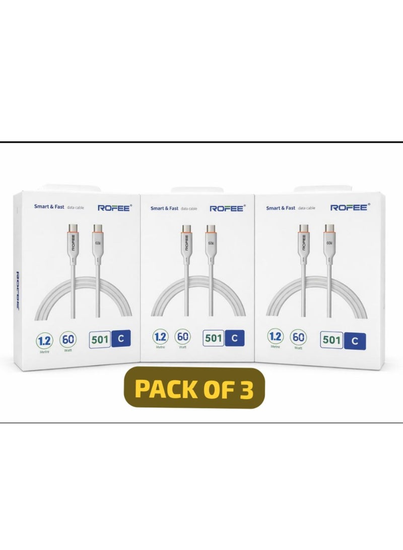 ROFEE Fast Charging Data Cable 60 Watt 501C Type-C to Type-C 1.2 Meter -Pack Of 3 - Image 1